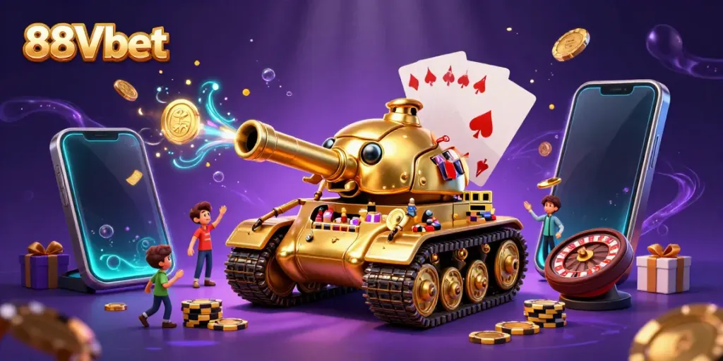 Experience the excitement of gambling with 88Vbet's vibrant casino-themed 3D art.