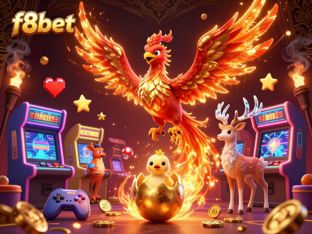 Experience the thrill of f8bet with a vibrant 3D illustration of a phoenix and a baby chick amidst dynamic casino elements.