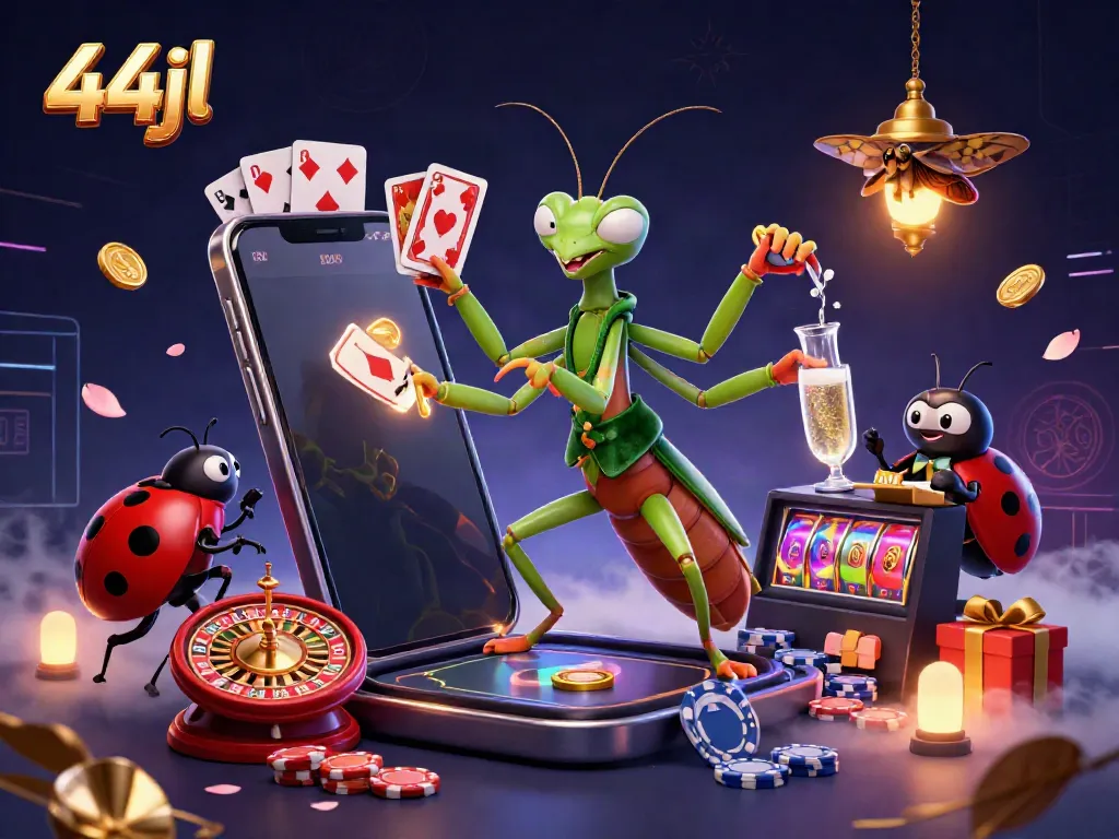 Engage with 44jl's vibrant casino world featuring a giant mantis and ladybug in a colorful 3D illustration.