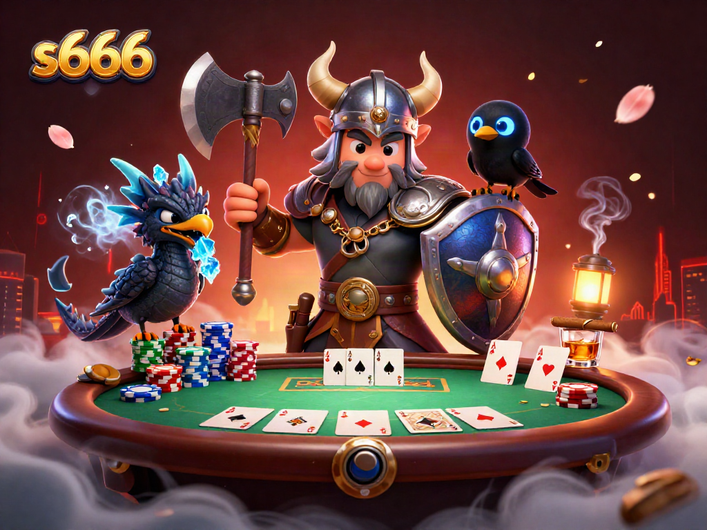 Play in s666 as a Viking hero joins a fierce dragon amidst a vibrant poker scene.