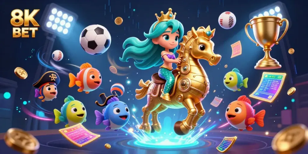 Engage with 8K BET casino fantasy featuring vibrant characters and sports-themed elements.