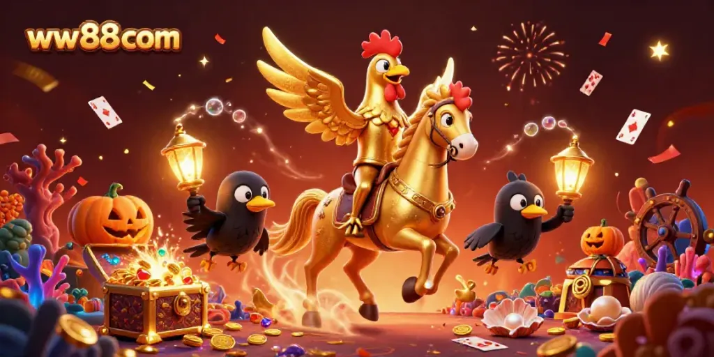 Experience thrilling gameplay at ww88 com with a vibrant casino scene featuring golden rooster, treasure chests, and festive effects.