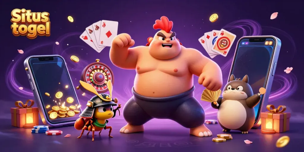 Situs togel illustration featuring a powerful sumo wrestler rooster, a fierce cricket, and a tanuki in a vibrant casino scene.