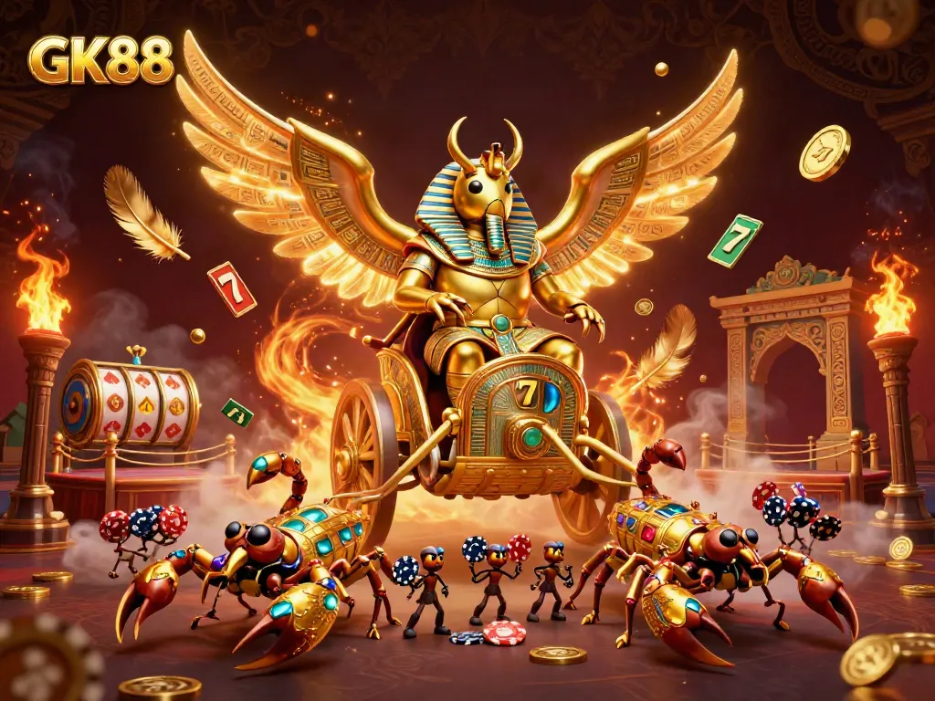 Engage with GK88’s thrilling casino atmosphere featuring a golden scarab beetle and scorpions amidst slot reels.