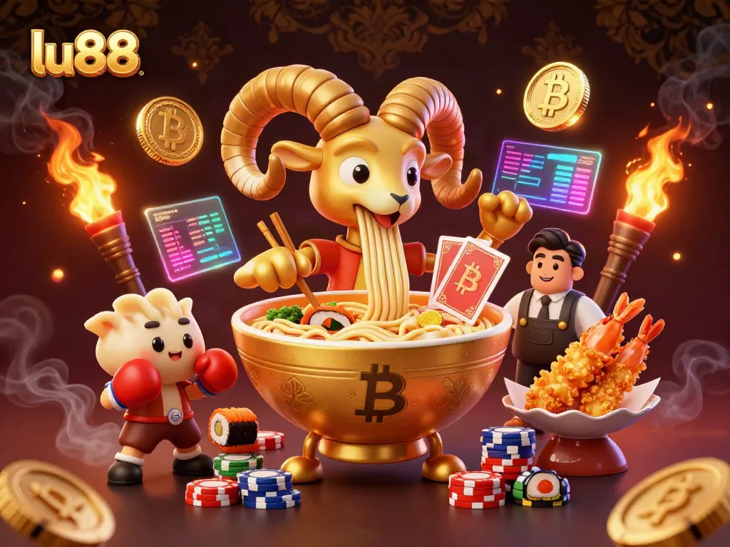 Engage in thrilling casino action with the lu88 ramen bowl dealer amid vibrant crypto visuals.