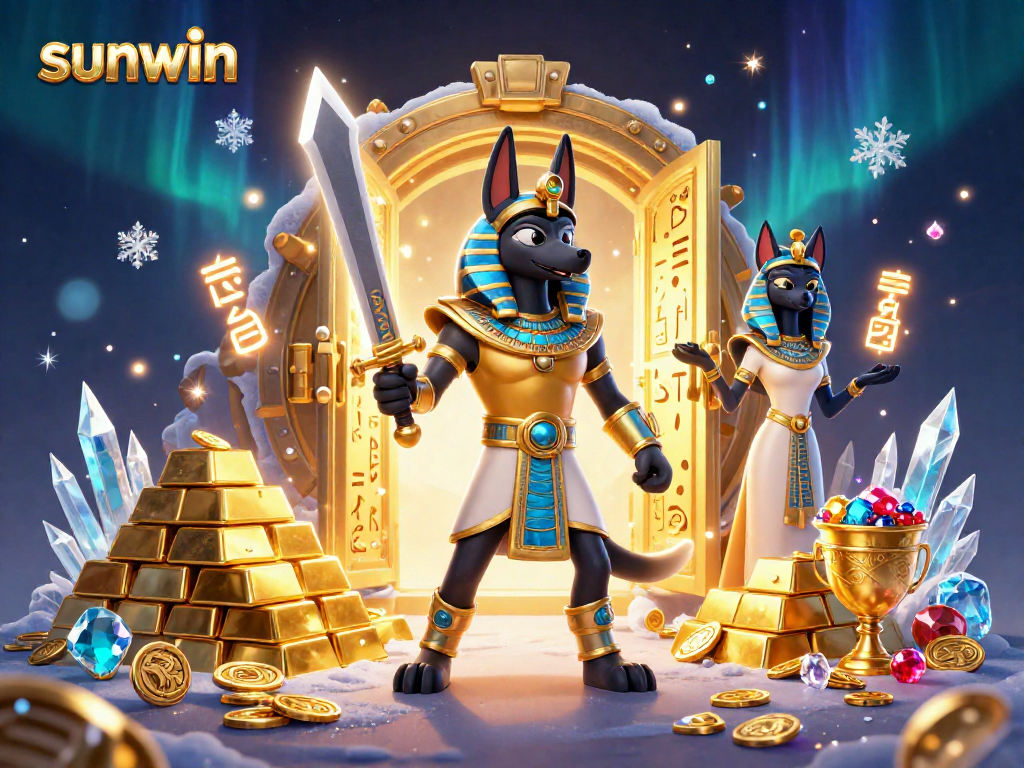 Experience sunwin's thrilling gaming with Anubis and Bastet surrounded by treasures and casino elements.