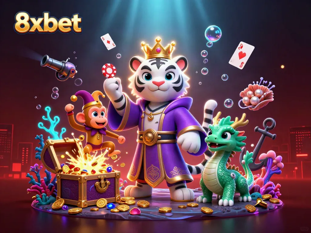 Engage with 8xbet's thrilling casino experience depicted through a vibrant 3D scene featuring a white tiger, golden monkey, and jade dragon.