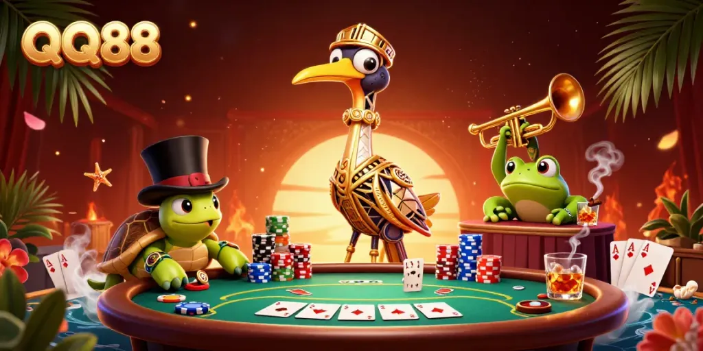 Engage with QQ88's vibrant casino atmosphere featuring characters in a lively poker game.