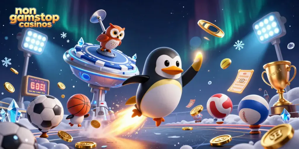 Experience non gamstop casinos with a vibrant, cosmic adventure featuring a golden penguin and sports elements.