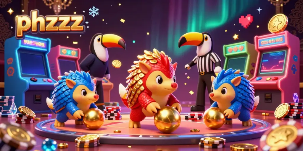 phzzz rivals engage in a vibrant casino bowling showdown with colorful arcade machines.