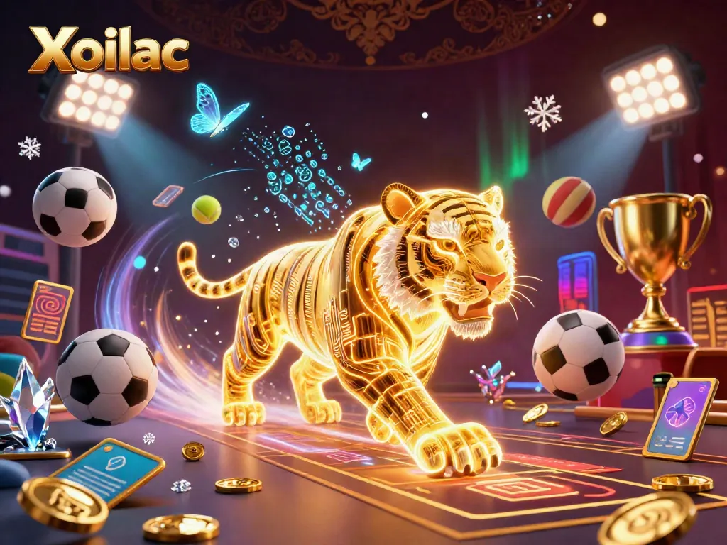 Experience high-stakes excitement with Xoilac, featuring a golden tiger amid dynamic casino elements.