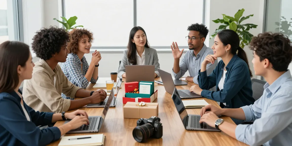 Employee gifts being discussed in a modern corporate office setting with diverse team members and unique gift boxes.