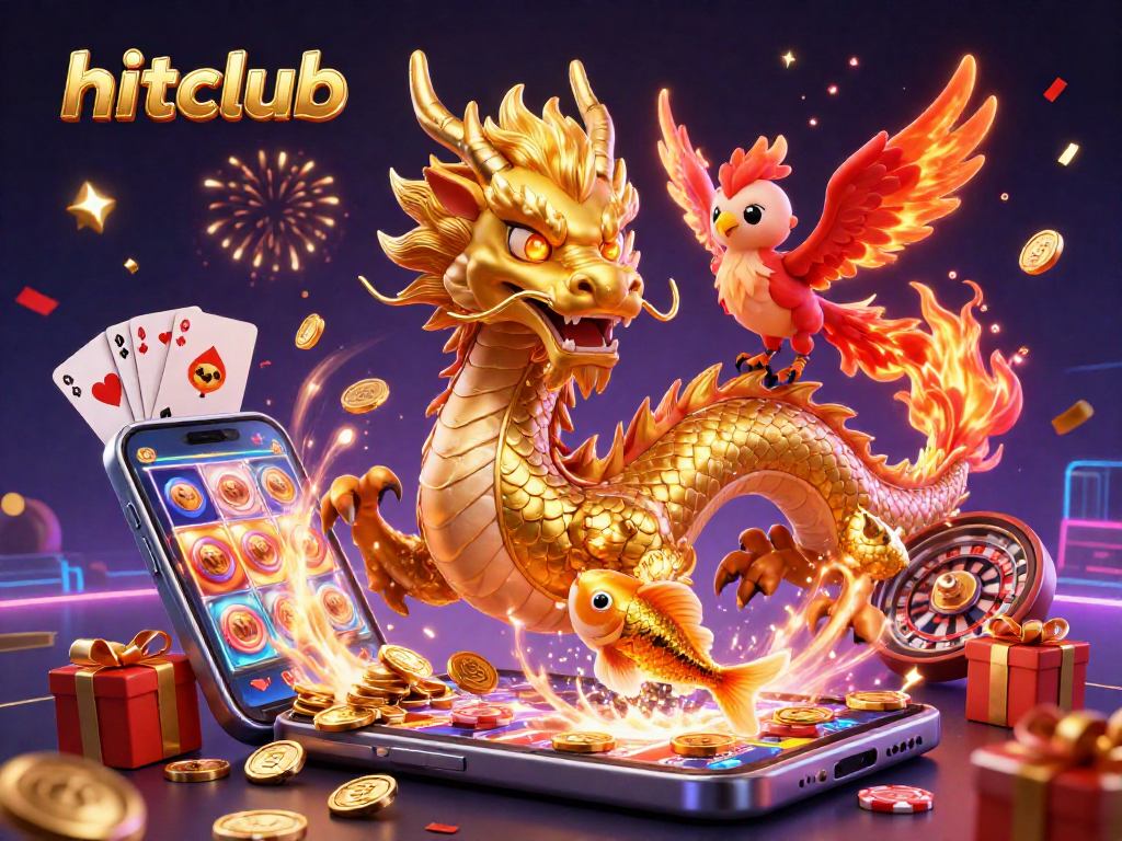 Hitclub features a vibrant 3D dragon, phoenix, and koi fish amidst casino excitement and winning symbols.