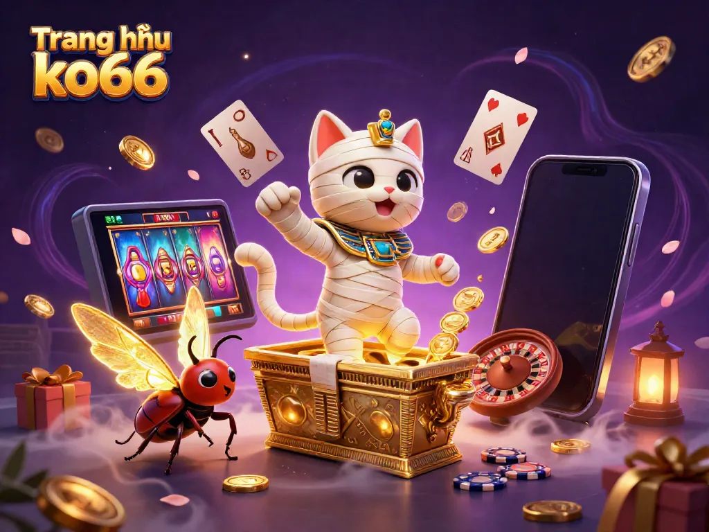 Experience the excitement of Trang chủ ko66 with a dynamic scene featuring an animated Egyptian mummy cat and casino elements.