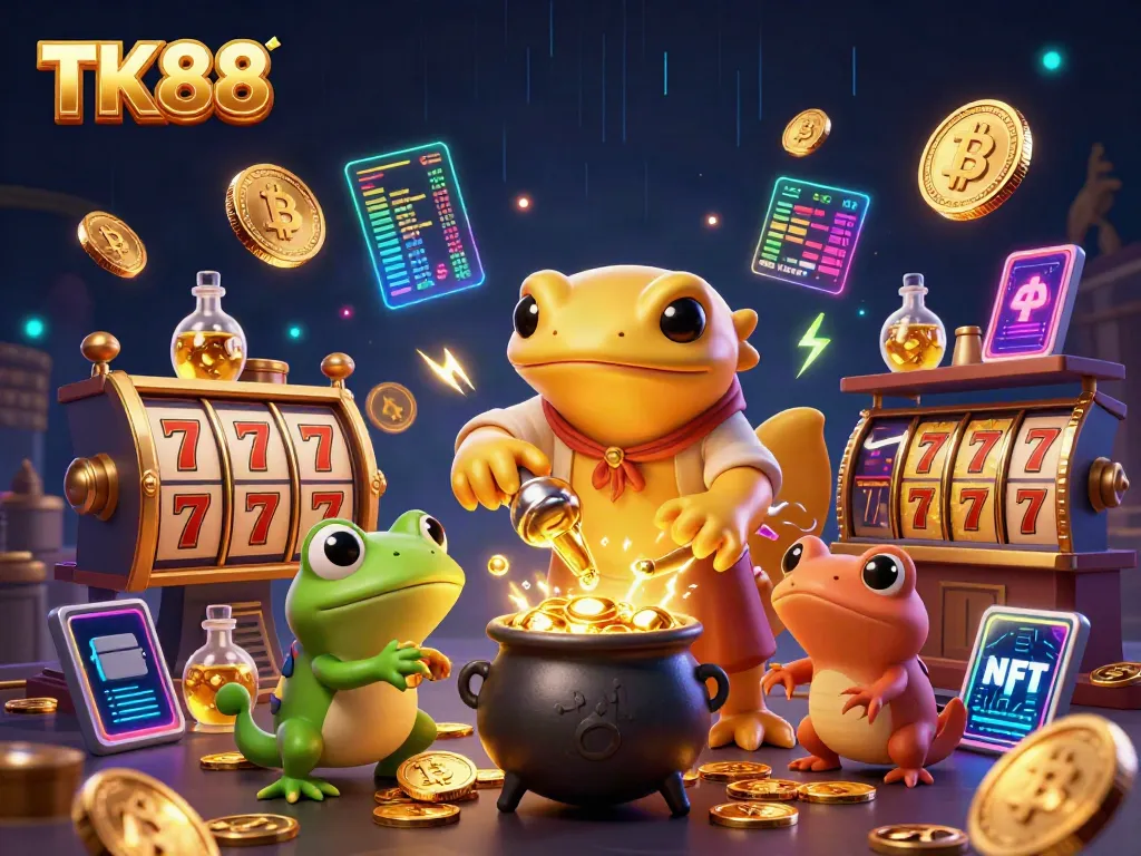 Engage with TK88's vibrant slots scene featuring golden characters and neon crypto elements.