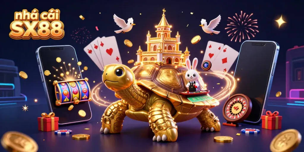 Experience exciting games at nhà cái SX88 with a vibrant illustration featuring a golden tortoise casino.