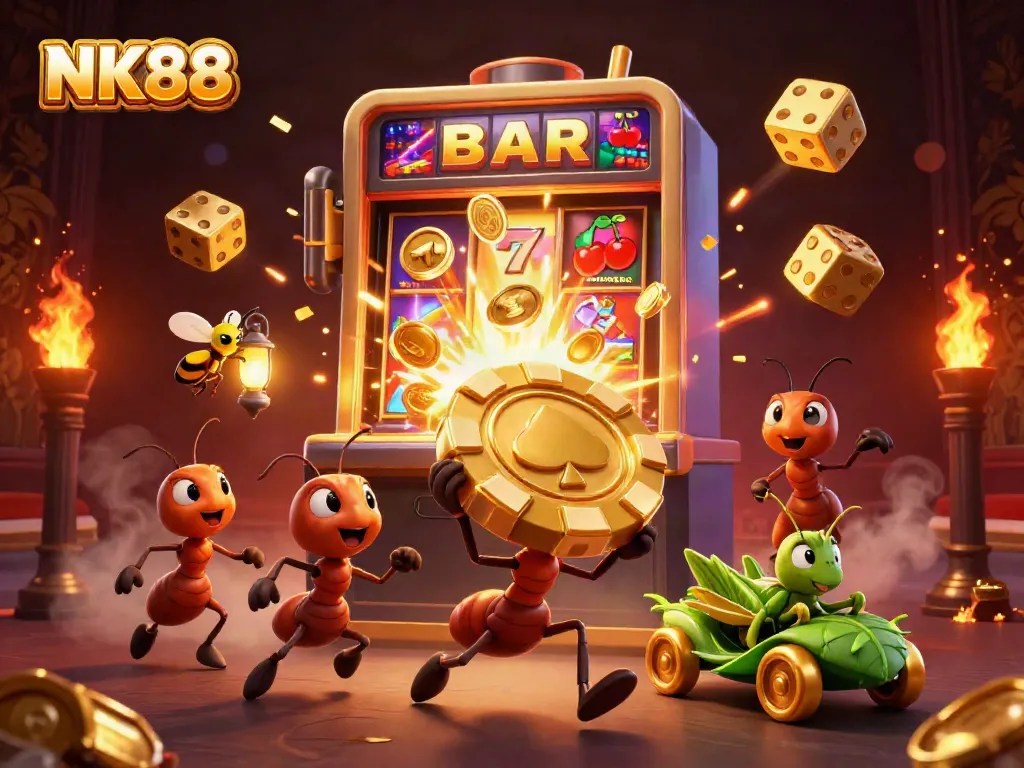 Experience the vibrant action of NK88 with playful ants carrying a colossal poker chip through a dynamic casino adventure.