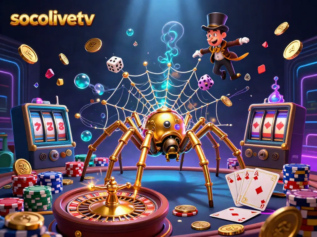 Engage with the thrilling action of socolivetv, featuring a steampunk spider and a fly gentleman amidst cascading gold and vibrant gaming elements.