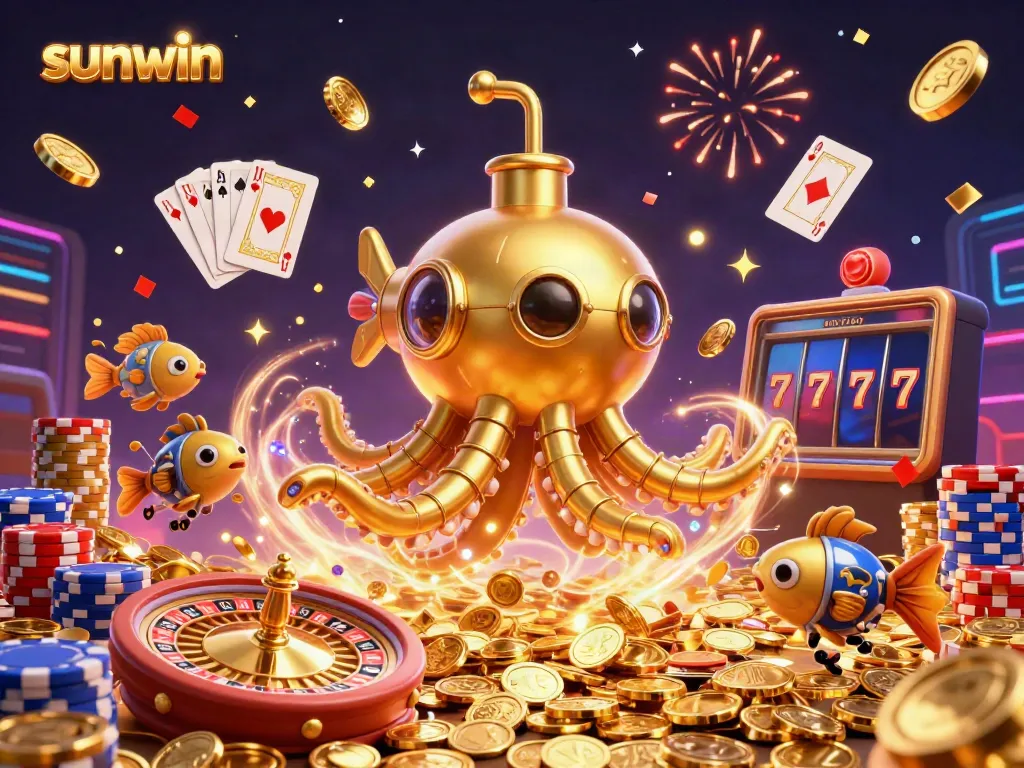 Experience the excitement of sunwin with vibrant casino elements and a gold kraken amidst coins.