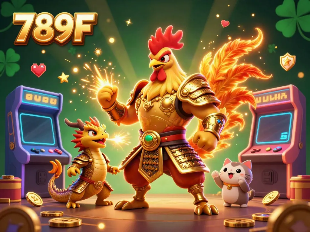 Engage in epic gameplay with 789F featuring a fighting rooster and dragon in a vibrant casino scene.