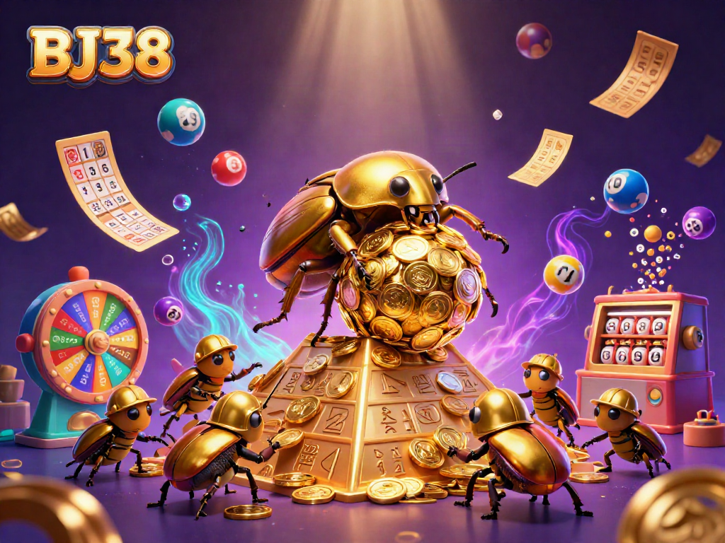 BJ38 engages users with a lively lottery scene featuring vibrant lottery balls and a golden coin beetle.