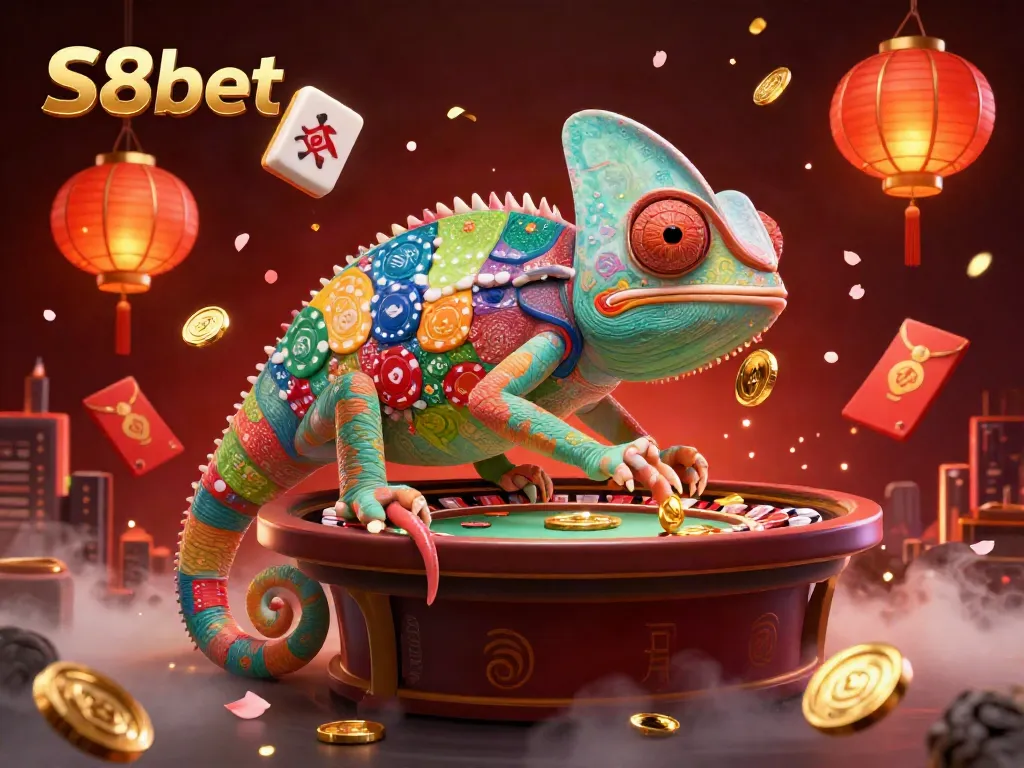 S8bet brings excitement with a colorful chameleon casino owner amidst vibrant game elements, capturing the casino vibe.