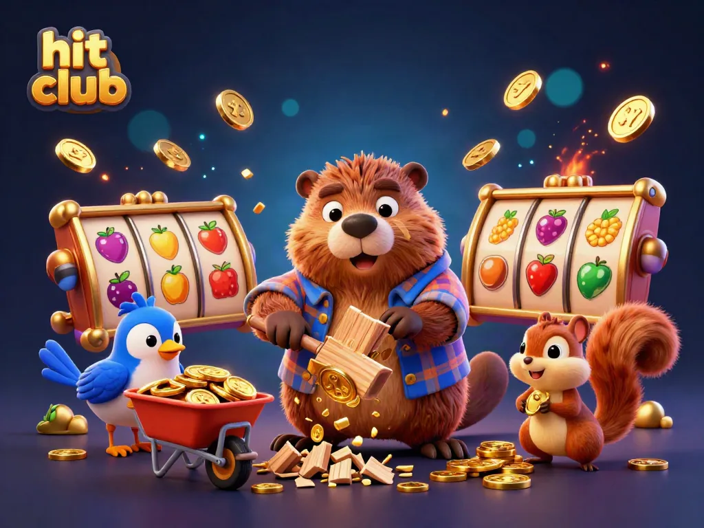 Engage in the excitement of hit club with golden jackpots and vibrant slot symbols in a lively illustration.