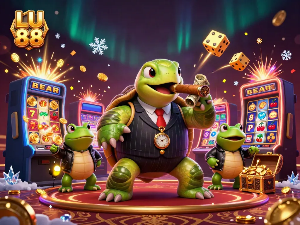 LU 88 offers an exciting jackpot experience with a cartoon turtle mobster amid gold coins and casino games.