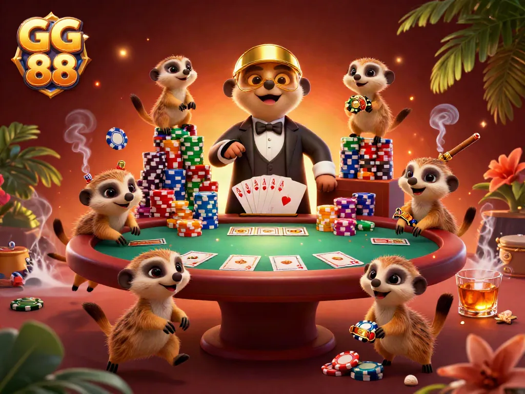 Engage with GG 88 as meerkats run a lively casino, surrounded by poker chips and cards.
