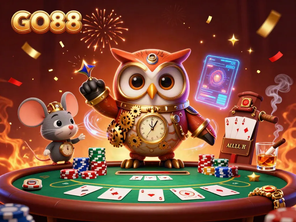 Experience thrilling gameplay with the GO88 motif in a vibrant 3D poker scene featuring steampunk characters.