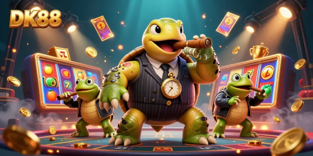 Experience thrilling jackpots with DK88's lively cartoon scene of a snapping turtle and bullfrog enforcers.