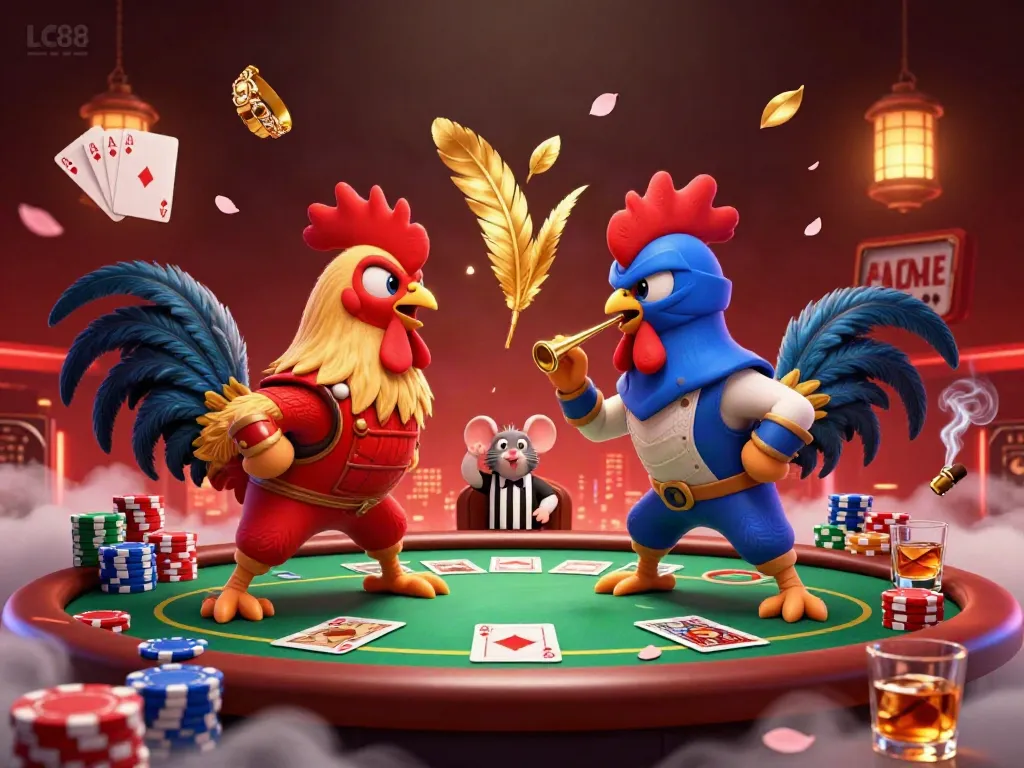 Experience the thrilling standoff at LC88 with fighting roosters and vibrant poker elements.