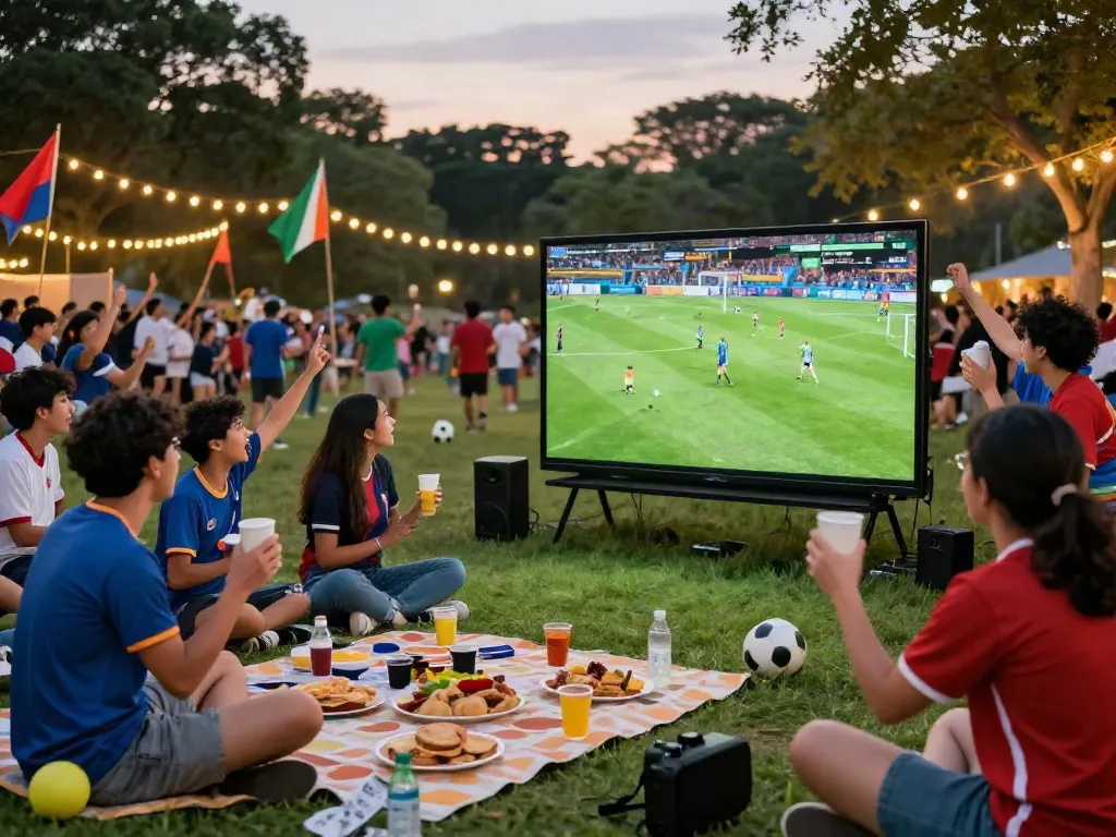 Xoilactv soccer fans cheering at an outdoor viewing party.