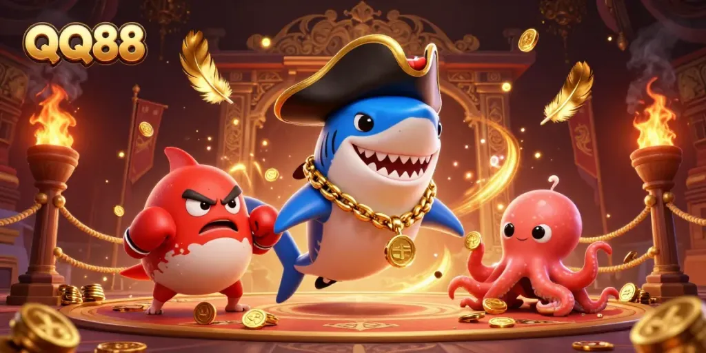 Spin and win with QQ88 featuring a shark, pufferfish, and octopus in a lively casino scene.