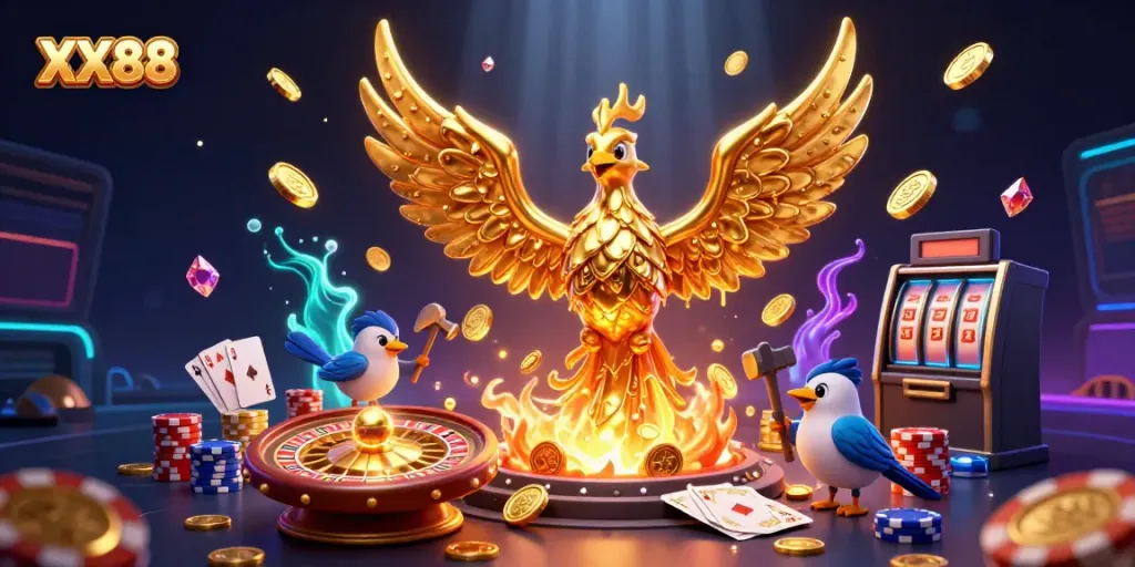 Cascade your bets and win big with XX88's thrilling 3D golden phoenix casino illustration showcasing a festive atmosphere.