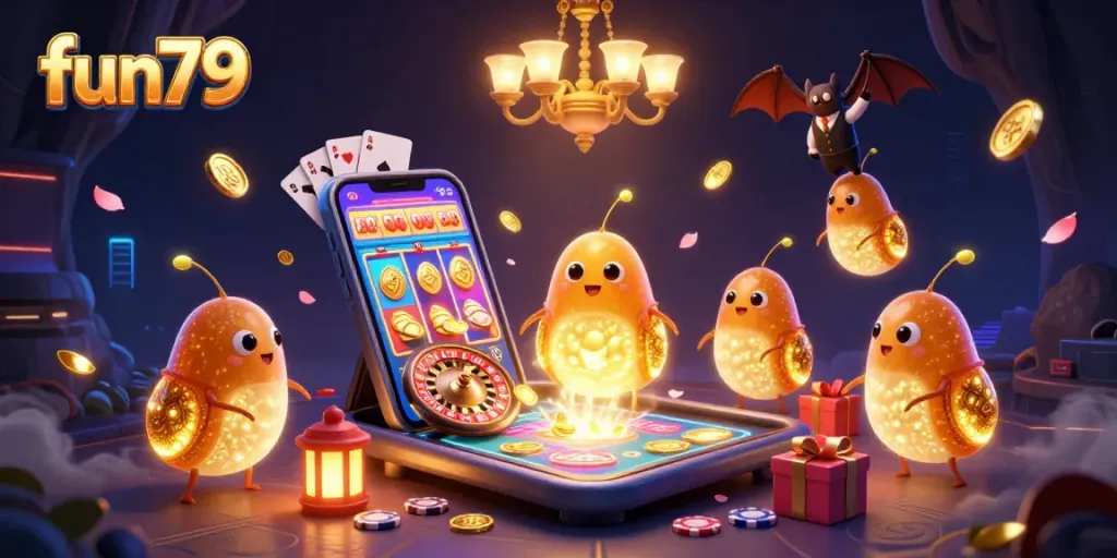 Experience fun79 as glowworms illuminate a vibrant cave casino scene filled with games and excitement.