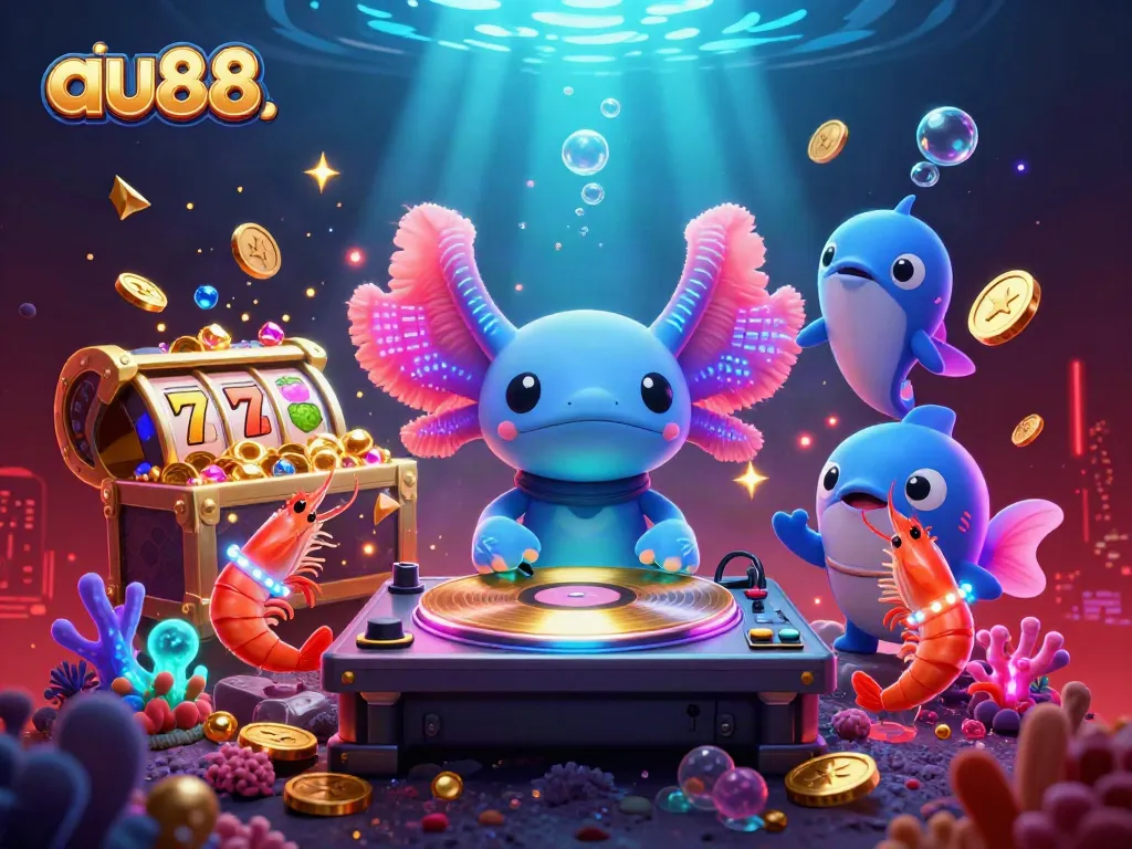 Play exciting games at au88 with a lively underwater casino scene illustrated in vibrant colors.