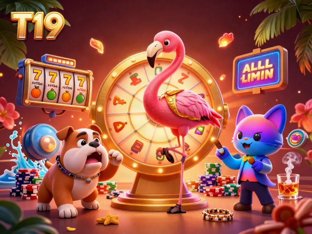 T19 exciting game show scene featuring a flamingo host and bulldog contestant at a jackpot wheel.