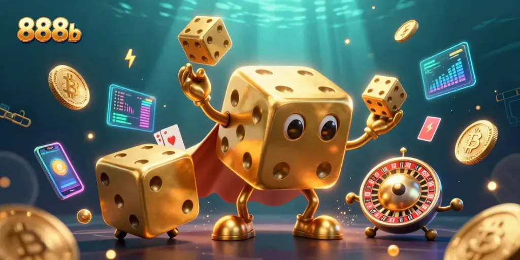 Engage with 888b in a vibrant scene featuring dynamic 3D characters and crypto elements.