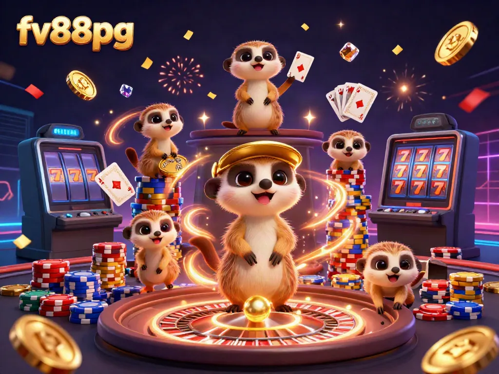 Experience the excitement of FV88PG with animated meerkats managing a colorful casino scene.