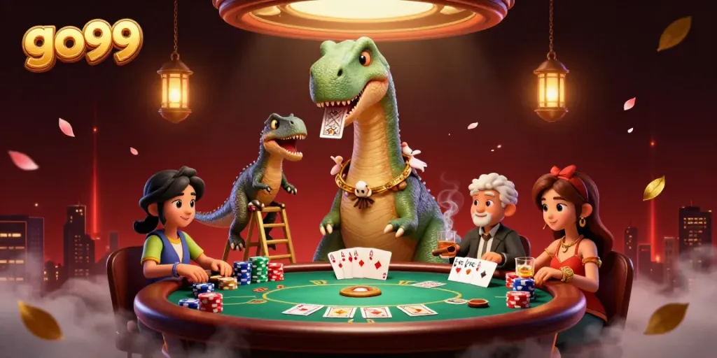 Experience exciting poker action at go99 with a playful dinosaur and clever raptor dealer.