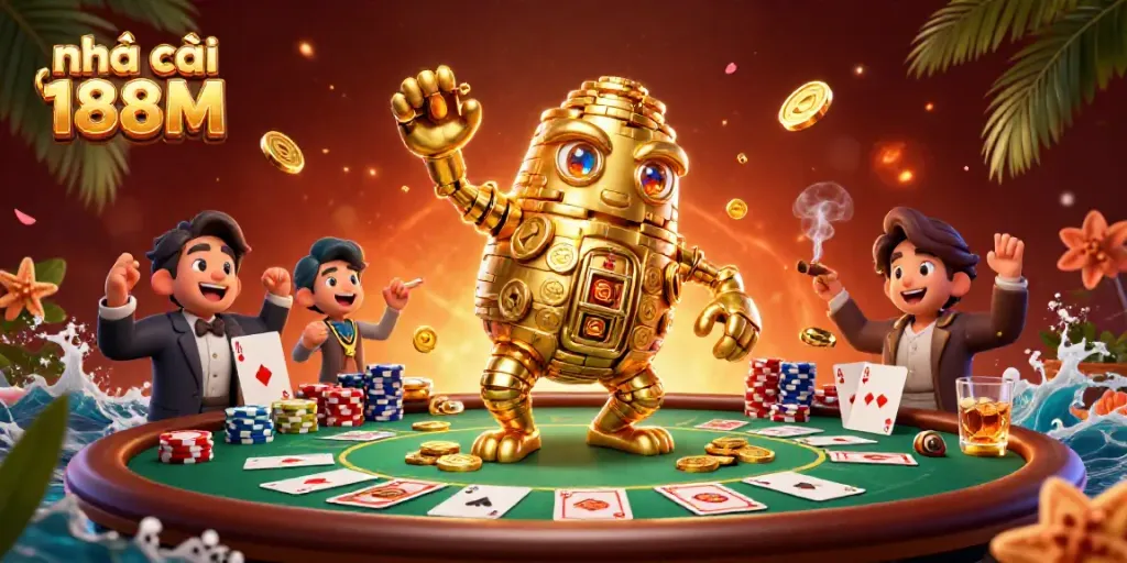 Experience the excitement at nhà cái 188M with vibrant gaming symbols and rich casino elements in a 3D illustration.