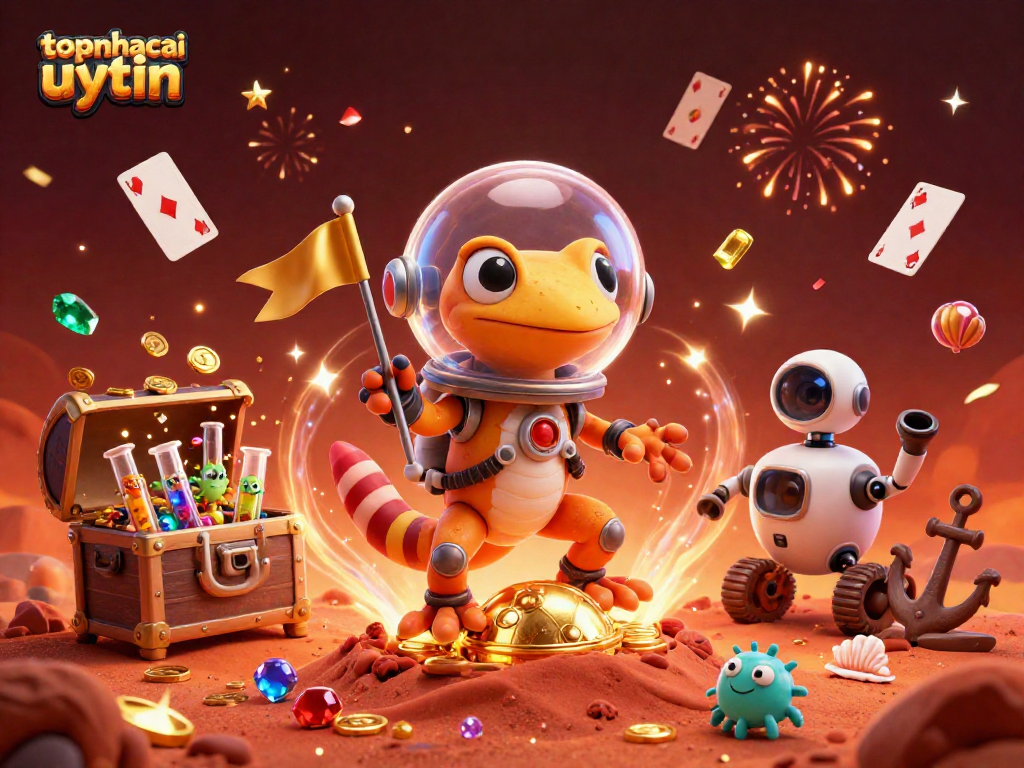 topnhacaiuytinn showcases a Martian gecko discovering a golden casino with vibrant game elements