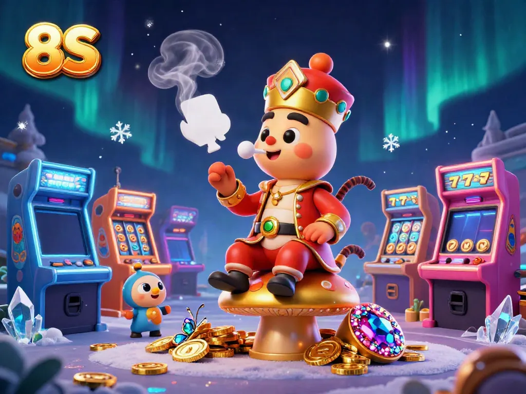 Engage in the thrilling casino scene with 8S slot symbols and a vibrant character composition.
