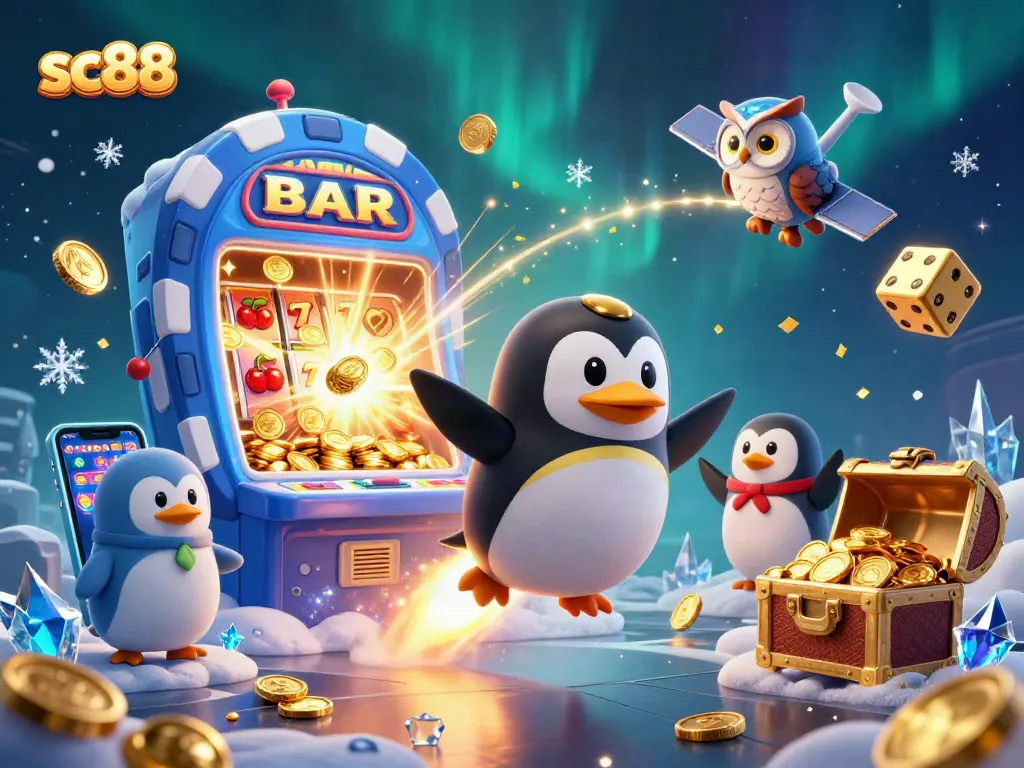 Experience excitement with sc88 in a vibrant scene of a golden penguin and a slot machine explosion.
