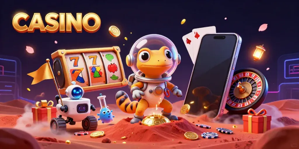 Martian gecko and robot uncovering a casino on Mars, surrounded by vibrant gaming elements.