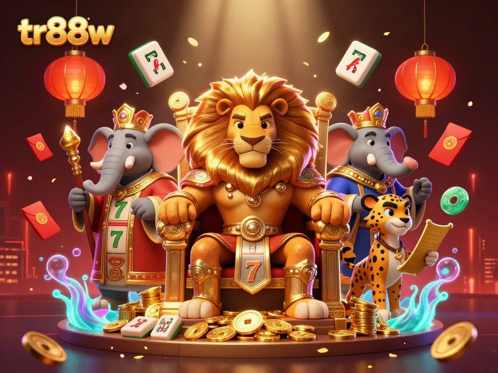 tr88w online casino adventure showcasing a regal lion king and vibrant slot games