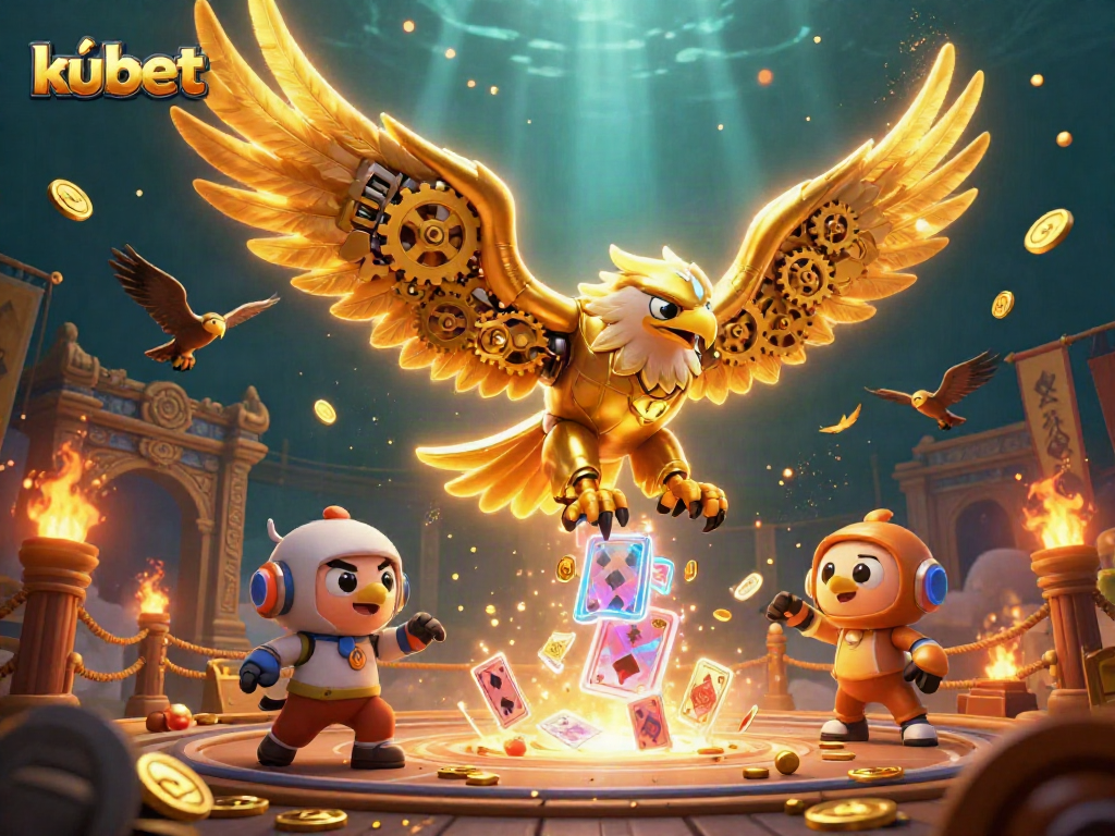 Kubet players engaging with a dynamic casino scene featuring golden themed casino elements and holographic cards.