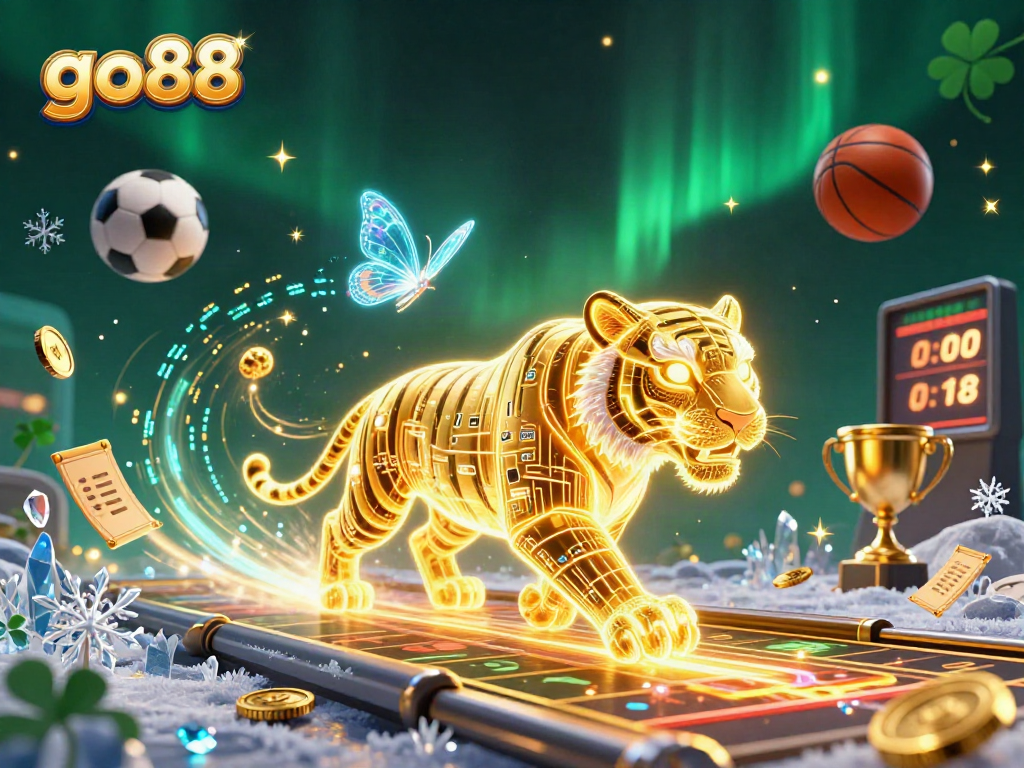 Experience excitement at go88 with a dynamic 3D casino scene featuring vibrant games and sports elements.