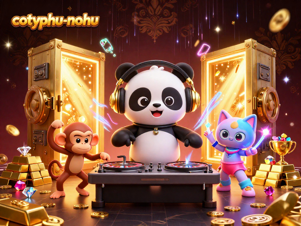 Cotyphu-nohu game features a DJ panda, breakdancing monkey, and glow-stick kitten amidst treasure